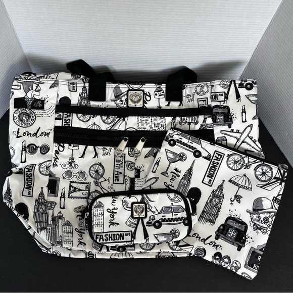 Brighton Love Scribble Jetsetter Duffel Travel Bag Dust Bag & Makeup Case NWT